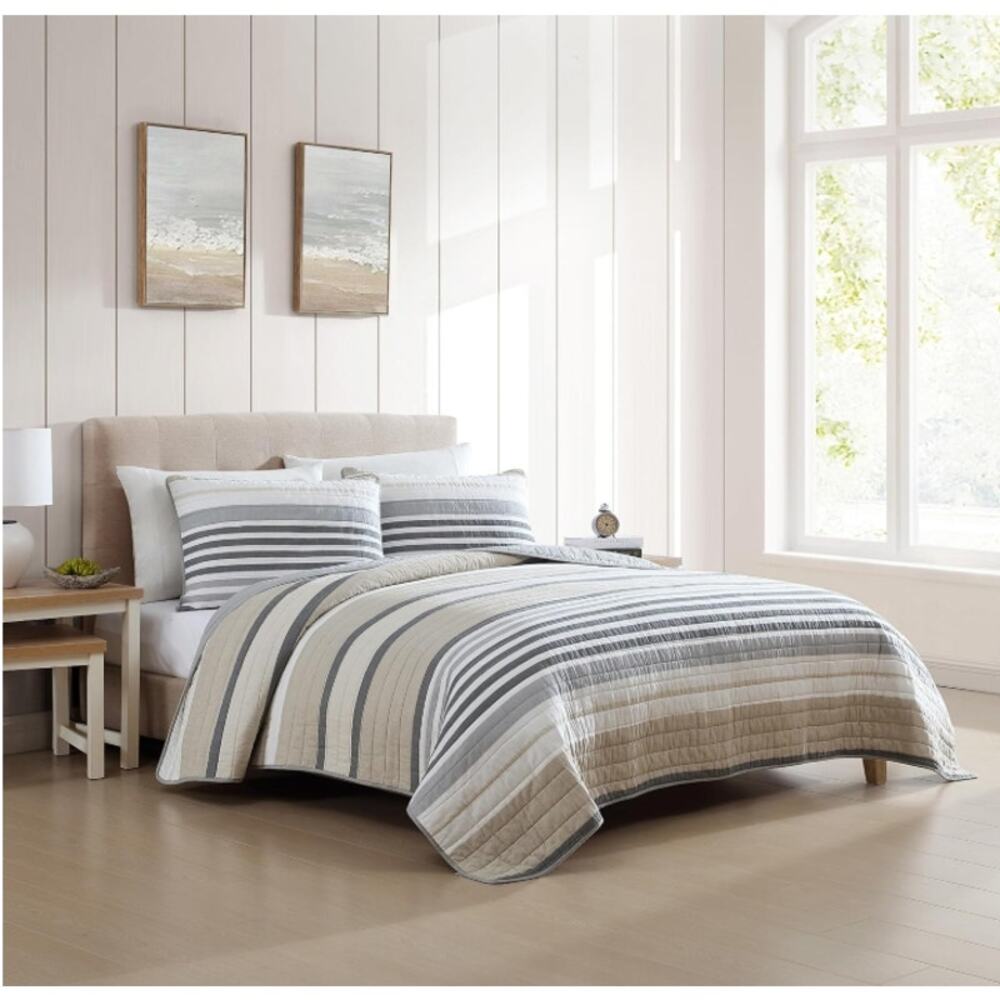 Nautica Dover Beige King Quilt Set Reversible Cotton Bedding New - Picture 3 of 8